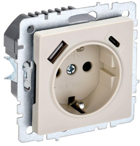 Розетка с заземлением +2xUSB тип A+C без рамки IEK Brite РЮш11-1-БрКр 1-м. бежевый картинка